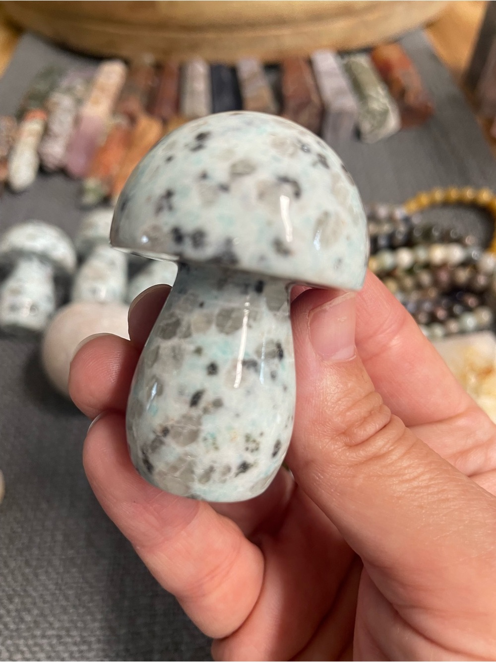 Polished kiwi jasper  Blue-Green Speckled Gemstone Mushroom carving.